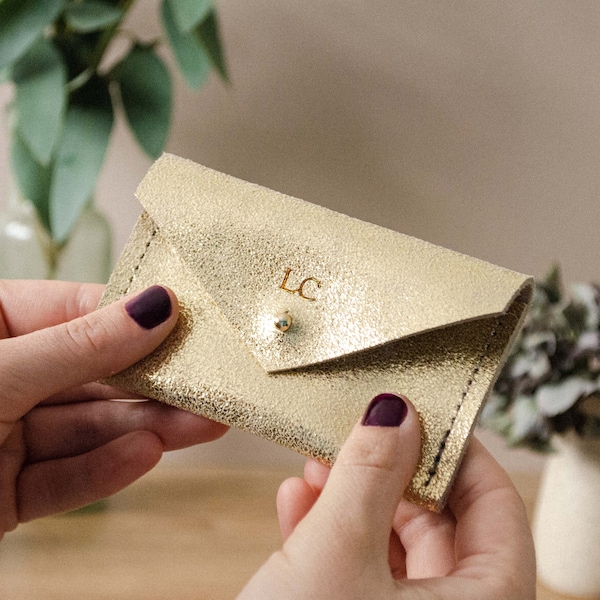 Personalised Gold Card Holder in metallic Leather, perfect as a travel card case, silver coin pouch or for business cards.