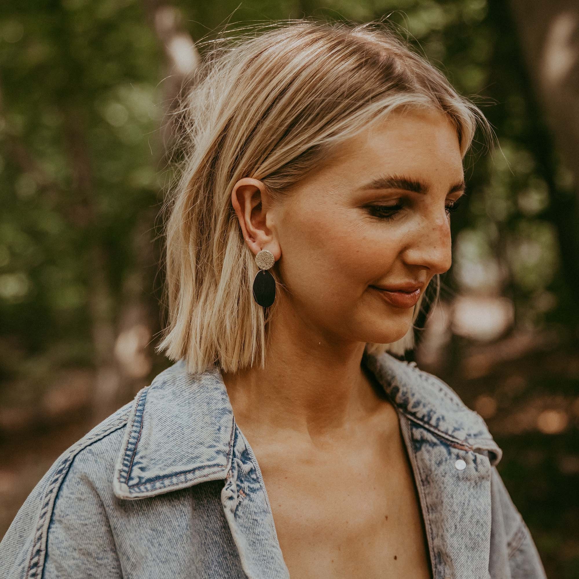 Maia Earrings. Navy & Gold Statement Earrings Made With Leather Offcuts. Leather A Perfect Birthday Presents For Her