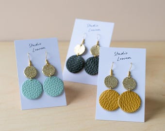 Leather Circle dangle drop earrings. Lightweight colourful summer earrings.