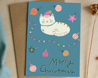 Merry Christmas Cat Christmas Card - Buy 1 or Pack of 4.