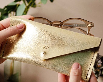 Gold Leather Glasses Case, Spectacles Case for her, Personalised sunglasses case in gold and silver. Gift for them.