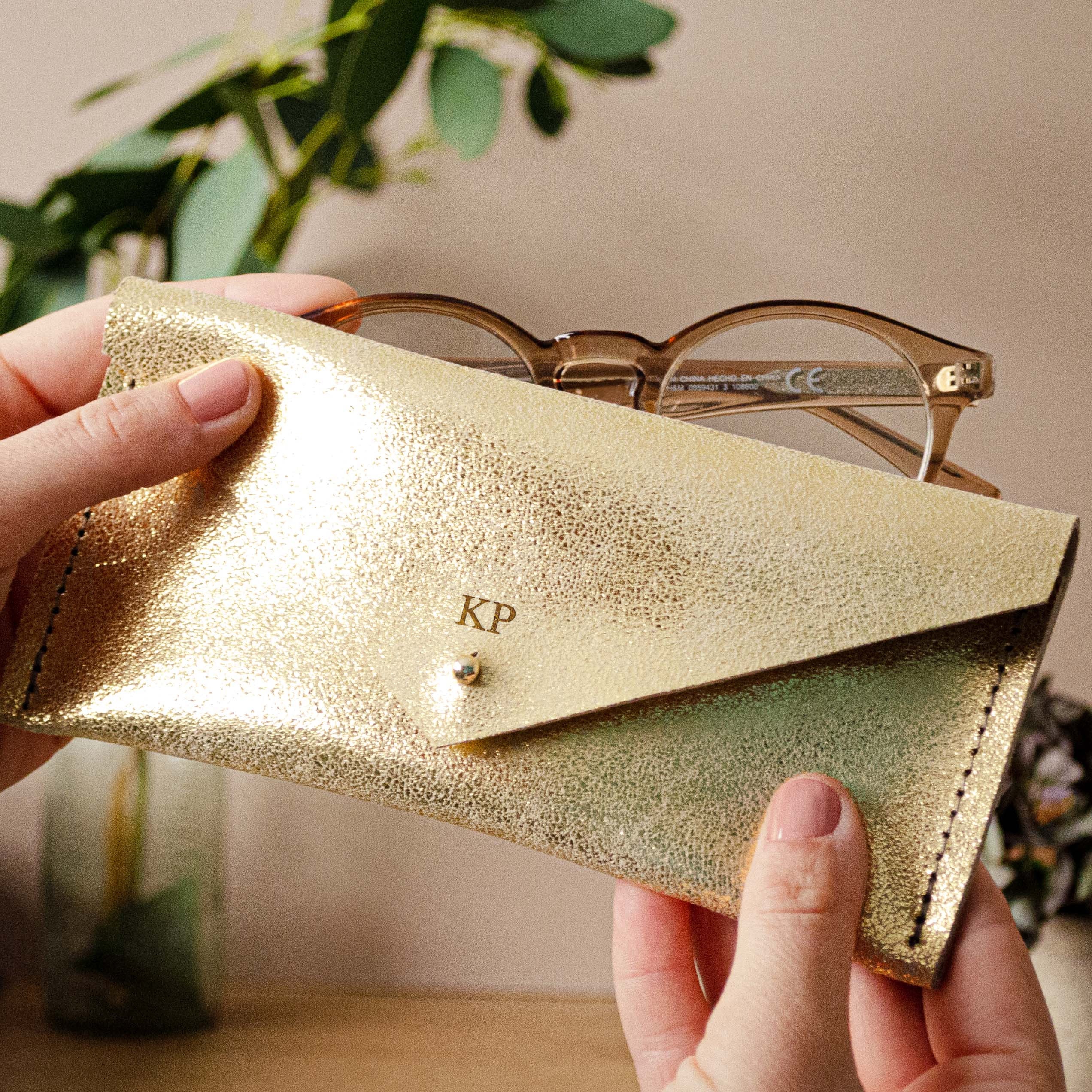 Gold Leather Glasses Case, Spectacles Case For Her, Personalised Sunglasses Case in Gold & Silver. Gift Them