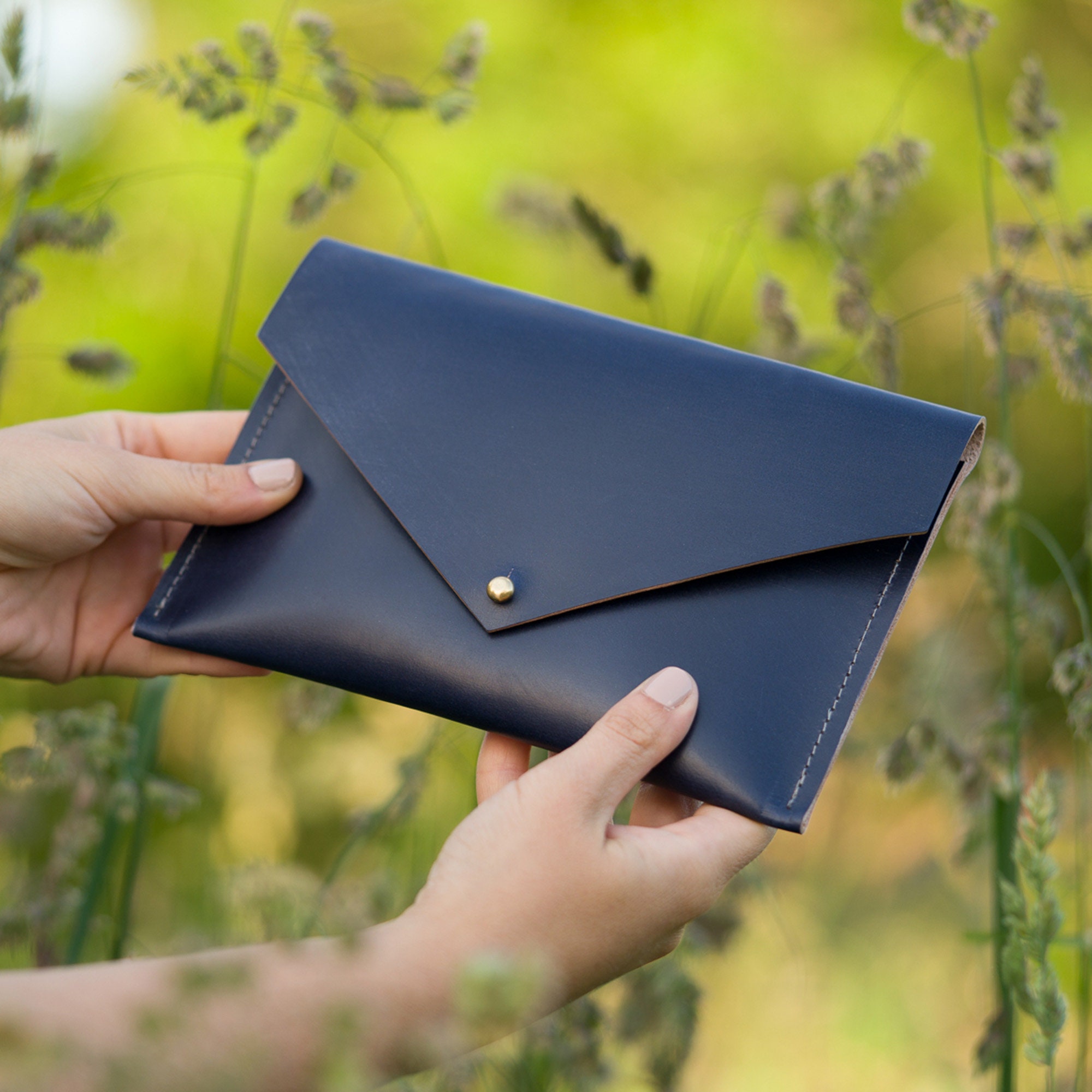 Navy Leather Clutch Bag Made With British Oak Tanned Leather. -  Canada