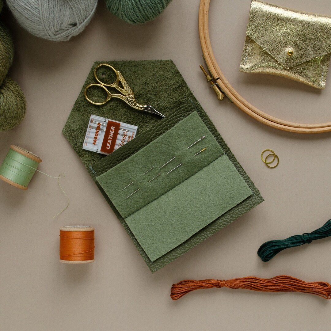 Colourful Leather Sewing Case With Felt Insert for Darning, Tapestry