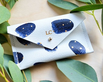 Recycled leather business card holder or coin purse in navy, white and gold. Hand painted and handmade in Cornwall.