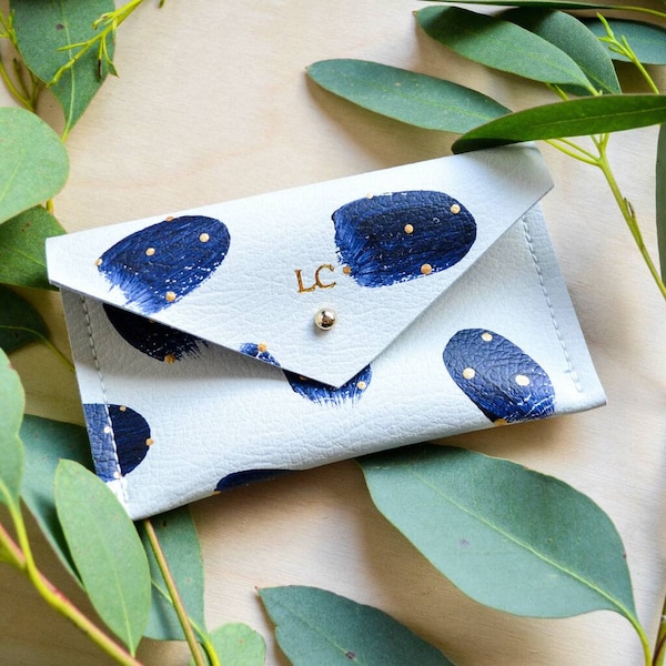 Recycled leather business card holder or coin purse in navy, white and gold. Hand painted and handmade in Cornwall.