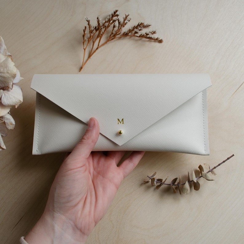 Personalised Recycled Leather White Cream Clutch Bag. Bride Clutch Bag or Bridesmaid Gifts. Beautiful birthday gift for her. image 1