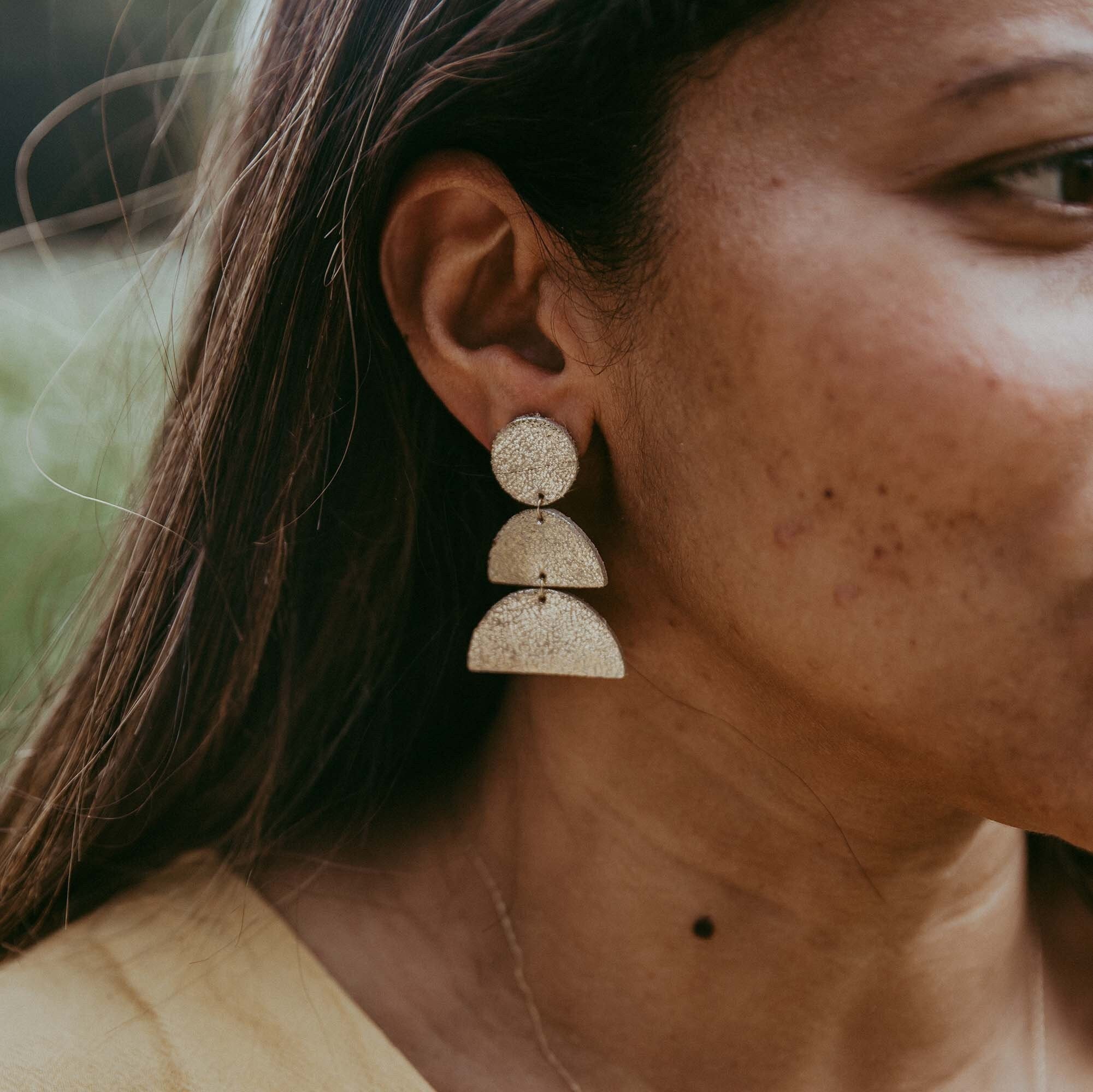 Luna Abstract Geometric Statement Earrings, Tiered Half Moon Earrings in Gold Leather. Statement Lightweight Earrings