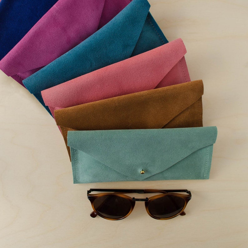 Personalised Suede Glasses Case in Pink, Teal, Blue, Coral, Tan and Mint Green. Reading glasses case or sunglasses pouch. image 2