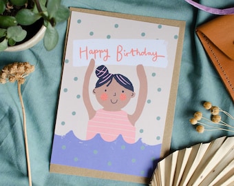 Wild Swimmer Birthday Card. Illustrated Cold Water Swimming Greeting Cards.
