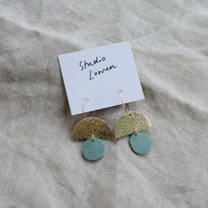 Sunrise Hoop Earrings made from recycled leather. Lightweight statement earrings in a minimalist, geometric style. Mint Green Earrings.