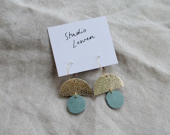 Sunrise Hoop Earrings made from recycled leather. Lightweight statement earrings in a minimalist, geometric style. Mint Green Earrings.