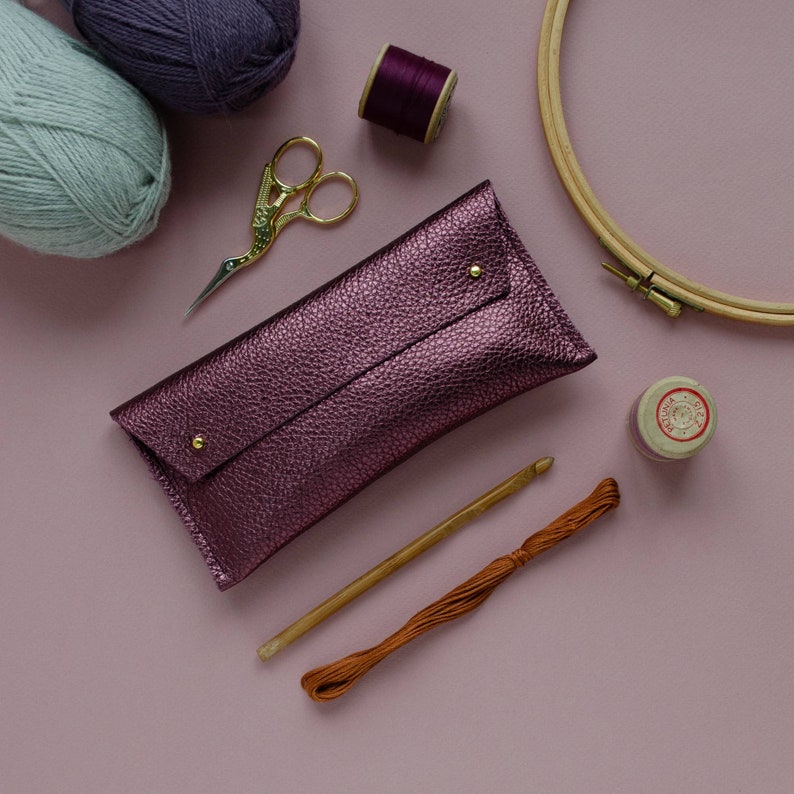 Leather Notions Pouch handmade with genuine leather, Personalised Leather Sewing Bag, Birthday gift for knitter, crafter or crochet gift. Berry