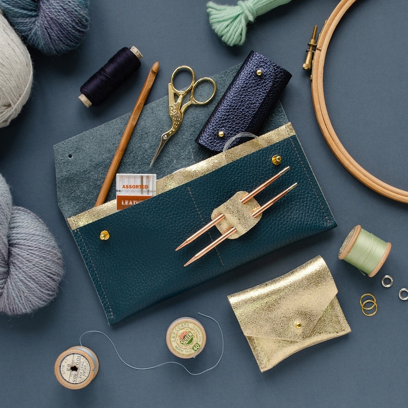 Leather Maxi Notions Pouch, with pockets for sewing and knitting accessories. Personalised gift for knitter or crafter.