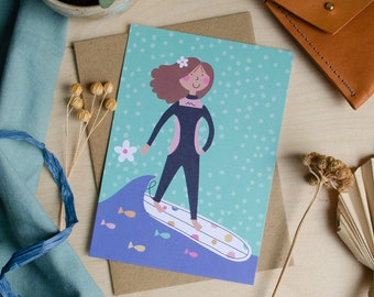 Surfer Girl Greeting Card, Girl Surfing Kids Birthday Card.
