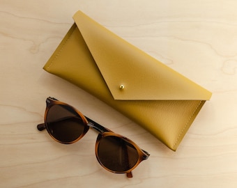 Personalised Recycled Leather Glasses Case, in lots of colours. Mustard yellow Sunglasses purse or Green reading GLASSES CASE.