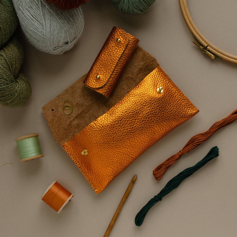 Leather Notions Pouch handmade with genuine leather, Personalised Leather Sewing Bag, Birthday gift for knitter, crafter or crochet gift. Metallic Rust Orange