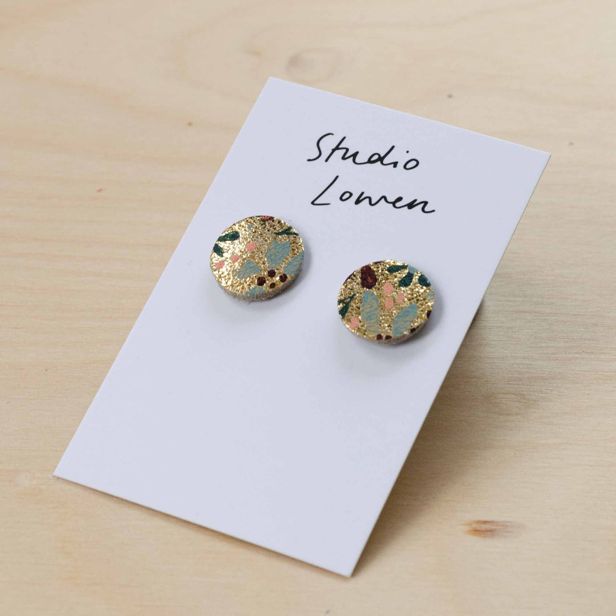 Simple Floral Stud Earrings, Gold Handpainted Eco-Friendly Earrings in Pastel Colours & Autumn Botanicals. Clip On Earrings