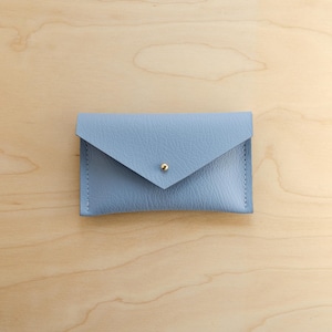 Personalised Card Holder made with British Made Recycled Leather. Colourful coin pouch or business case holder. Soft Blue