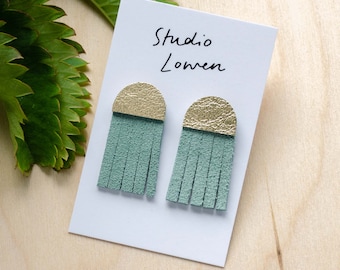 Jellyfish Tassel Earrings - Lightweight Leather Fringe Earring Studs in Mint Green, Black, Coral, Gold and Fuchsia.