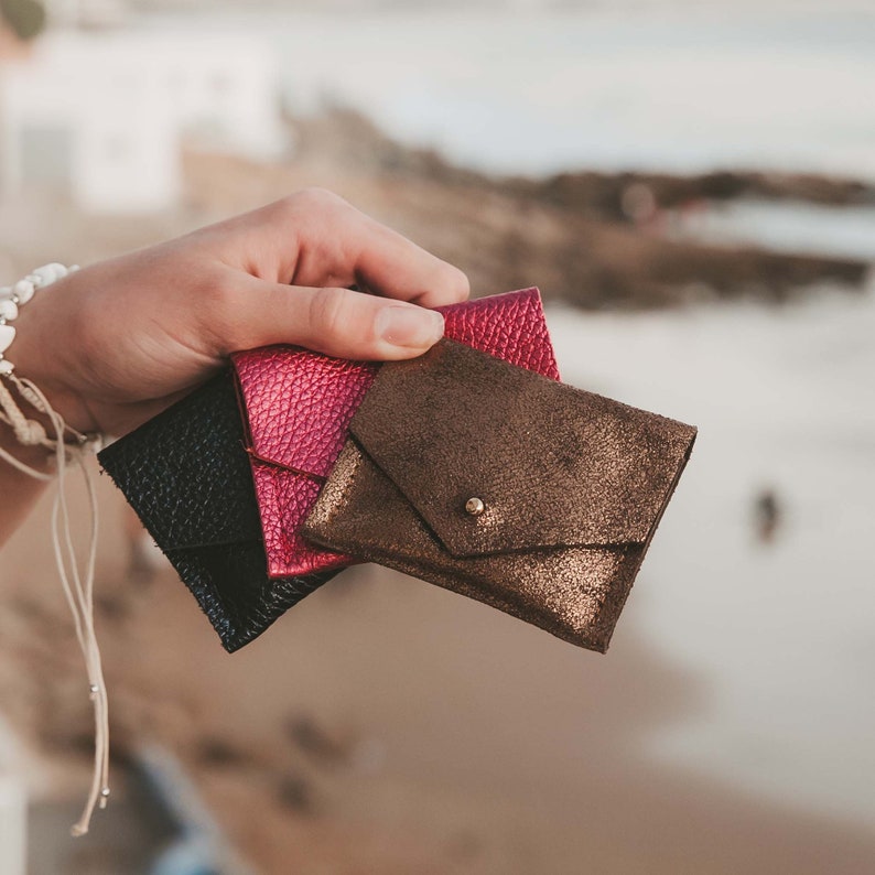 Leather Jewellery Pouch in Metallic Orange, Pink and Teal. Monogram Engagement Ring Pouch or Personalised Square Business Card Holder. Bronze