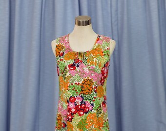 60s Mod Orange, Pink , Green and Red  Rainbow  Floral Print Mini Dress with frill