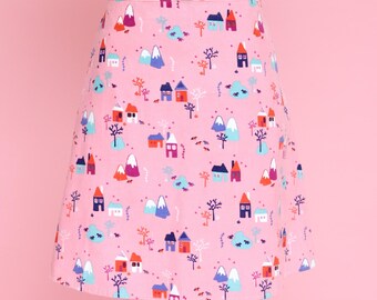 Pink Corduroy Aline Mini Skirt with Little Houses Print