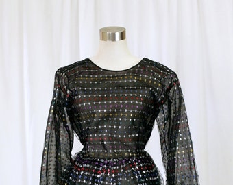 Abito vintage anni '70 in pizzo nero trasparente con glitter AU10 Sugarcane Retro