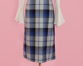 Blue and grey 80s Midi length Plaid Skirt