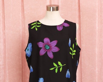 Vintage 90s Sleeveless Black with Purple, Blue and Green Flower Print Mini Day Dress