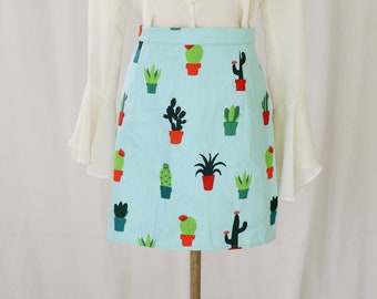 Aqua Cactus and Succulent Plant Print Pencil Skirt