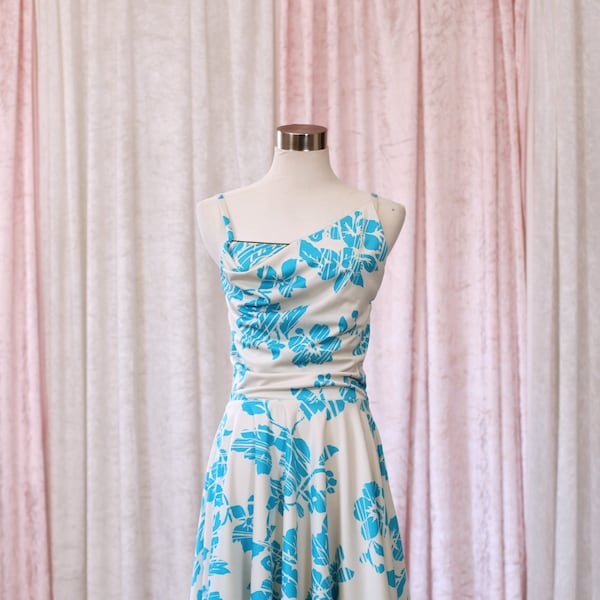 Hawaian Print 80s Style Pastel Blue and Cream Dress