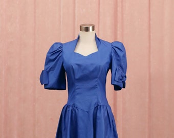 Bright Blue 80s Prom Princess Dress with Puff Sleeves and Bows