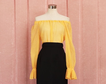 Vintage Sheer Yellow Puff Sleeve Clown Top, Long Sleeve Statement Blouse AU12–14