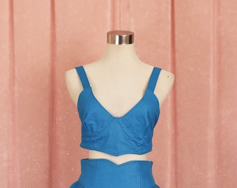 Blue Denim 80s Crop Top and Matching High Waist Skirt Frill Peplum