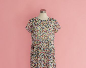 90s Floral Rainbow Baby Doll Dress Semi Sheer AU10-12 Retro Mid Length