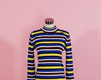 Stripe Stretch 70s Style Blue and Yellow Turtle neck Long sleeve top