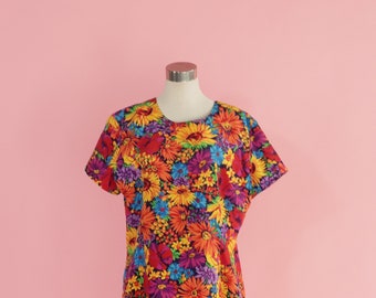 Vintage 90s Rainbow Floral Mini Dress AU16 Zip Back Retro Statement Dress
