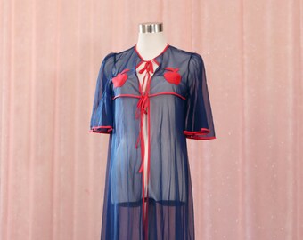 Camisón azul oscuro transparente de los años 60 con aplique de manzana roja y lazo delantero, talla AU10 pequeña vintage