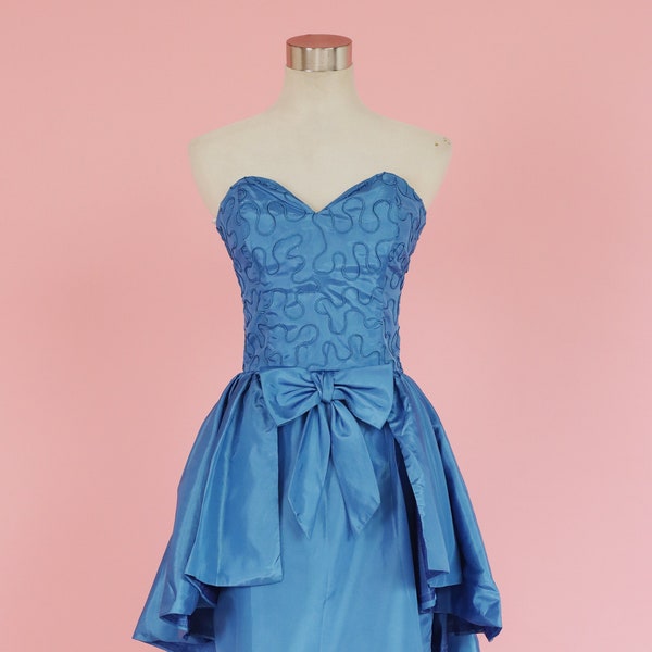 Vintage 80s Blue Prom Party Dress with Frill and Bow detail