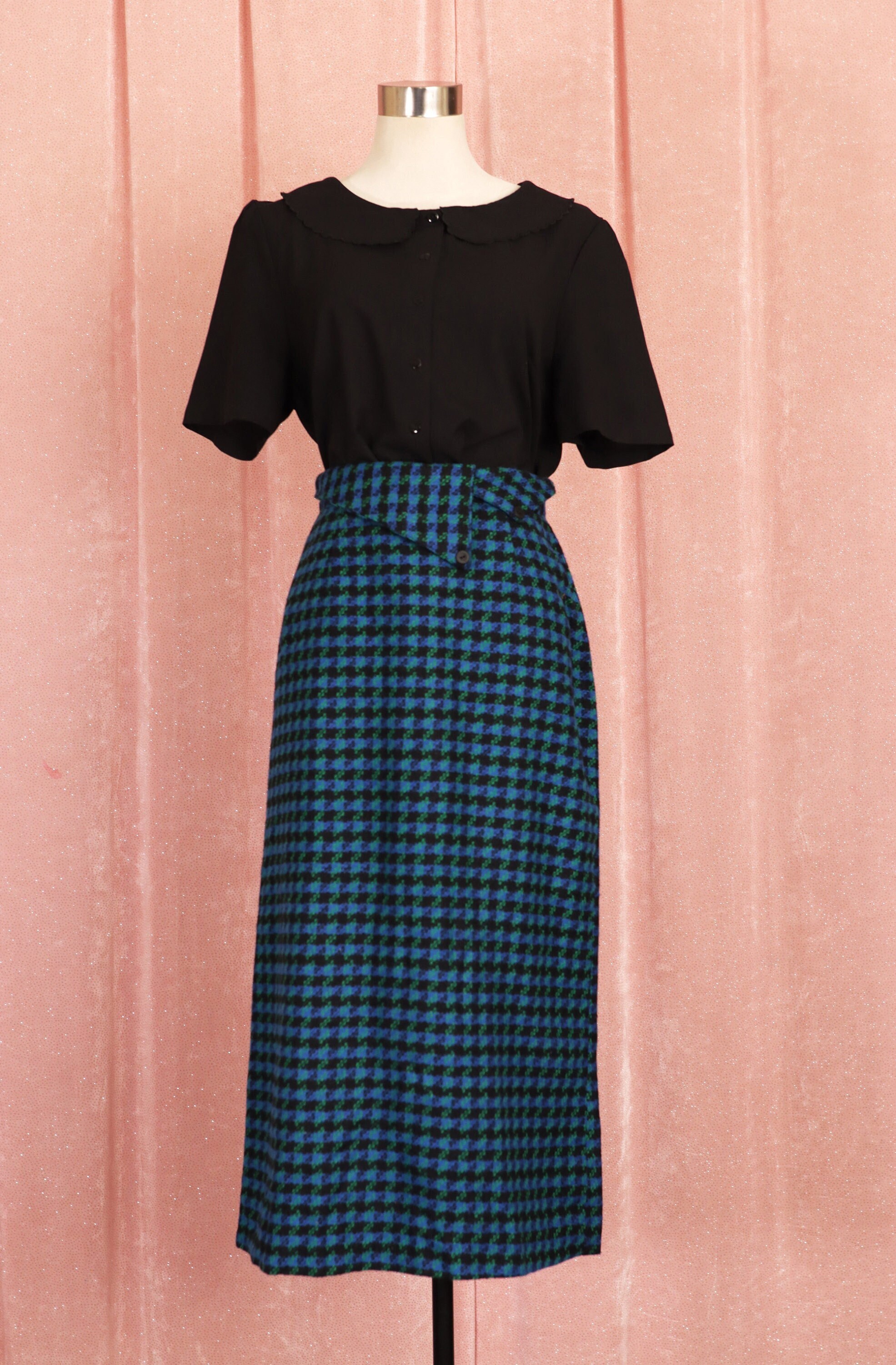 Vintage 90s Blue Green and Black Houndstooth Pencil Skirt 80s 90s The Nanny
