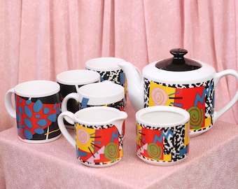 Juego de té estilo Memphis vintage: tetera y tazas de cerámica Fujimori Kato Kogei