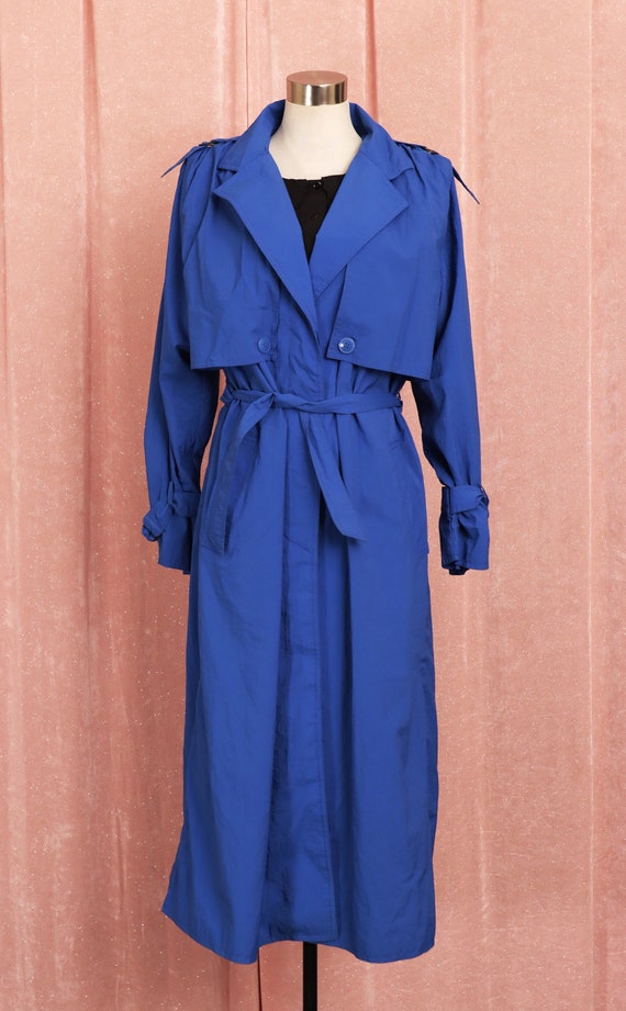 Vintage 80s Electric Blue Long Trench Coat, Statement Jacket AU12–16