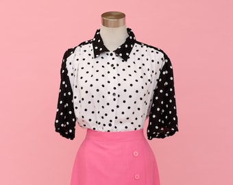Bluzka z guzikami w czarno-białe kropki w stylu vintage z lat 90. – Katies