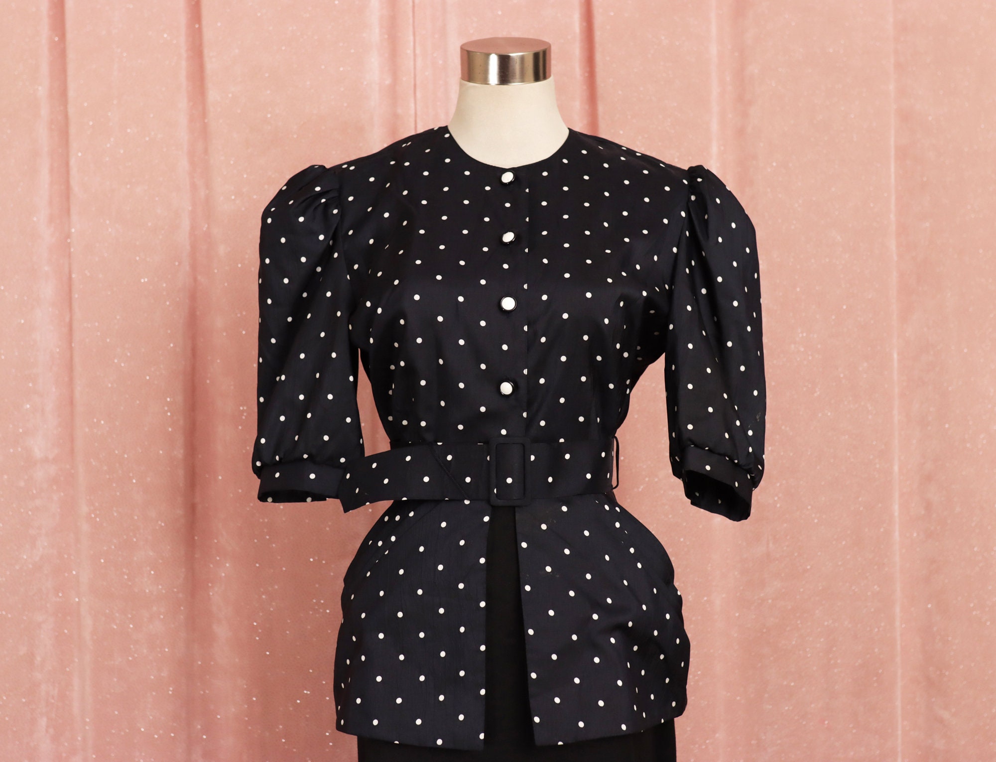 Navy Blue and White Polka Dot Puff Sleeve Clown Top