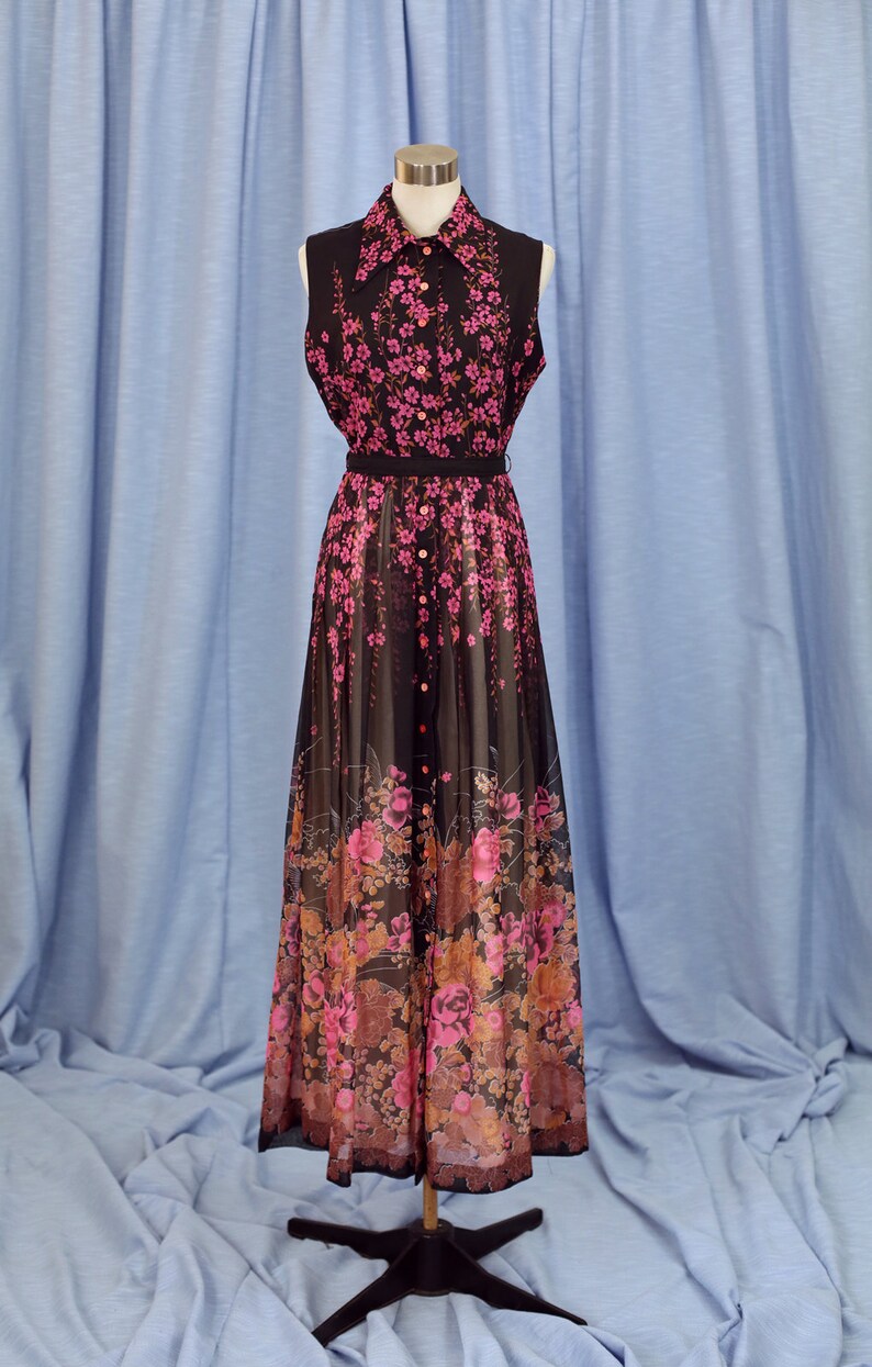 Vintage 70s Black Pink & Green Floral Maxi Dress 10 12