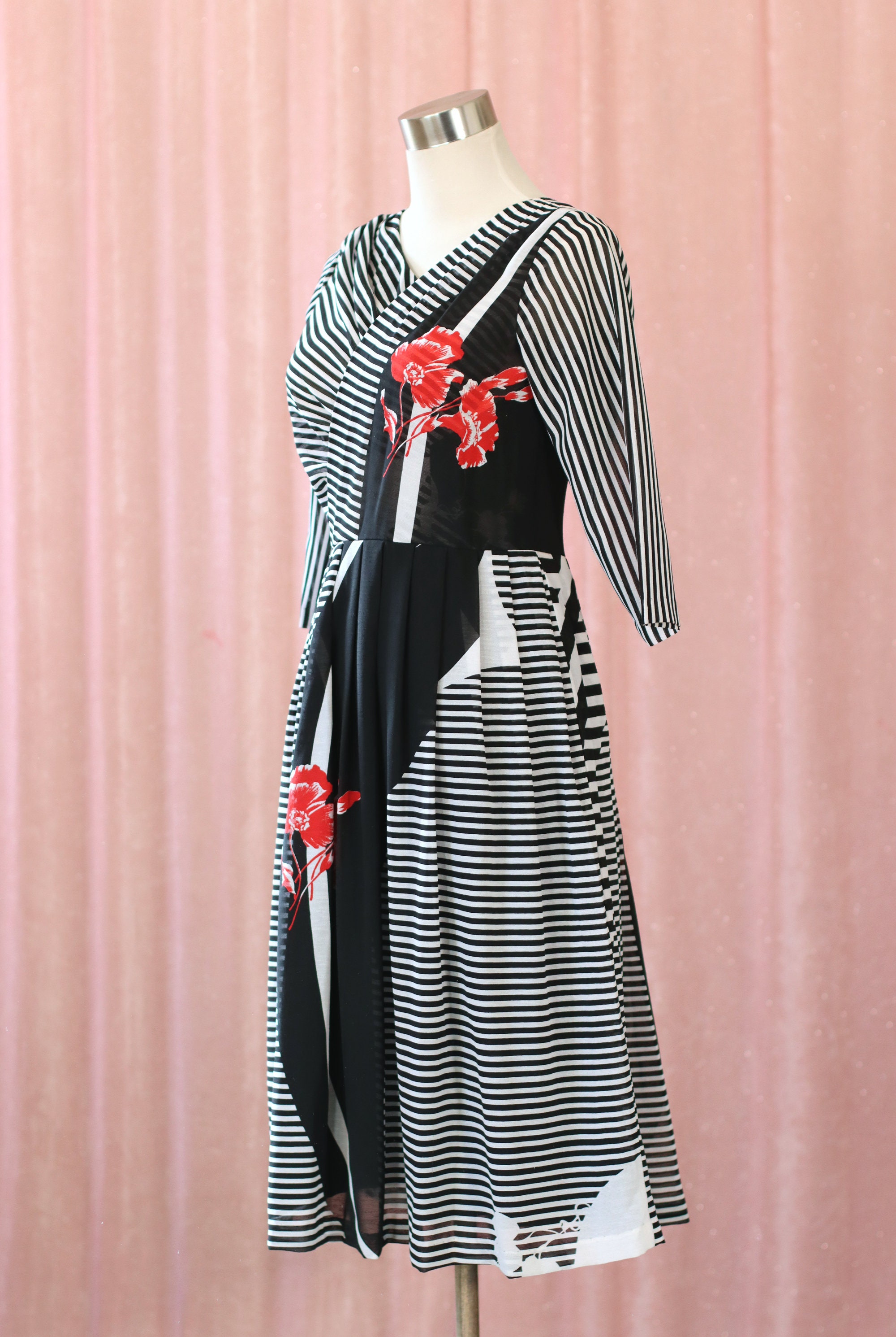 Black and White 70s Stripe and Day Dress With Red Flower