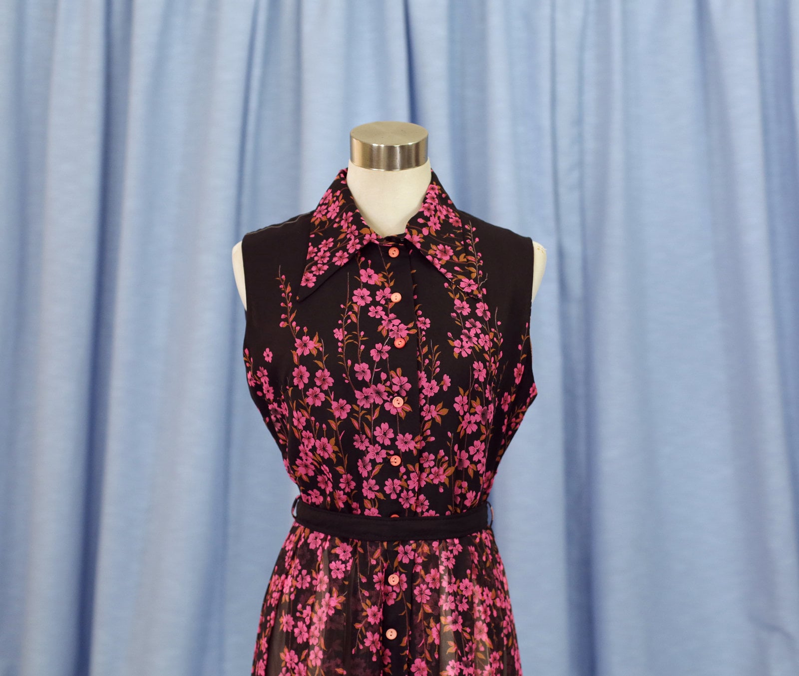 Vintage 70s Black Pink & Green Floral Maxi Dress 10 12 main image 0