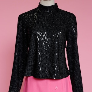 Vintage 90s Black Sequin Crop Top – Long Sleeve AU10 Stretch Party Clubwear