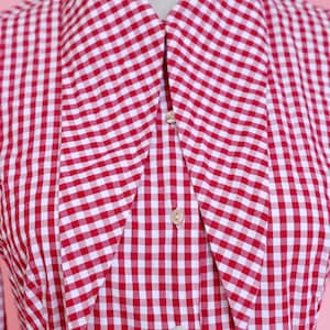 Puede incluir: Una camisa de cuadros rojos y blancos con un cuello grande y puntiagudo. El cuello est&aacute; doblado hacia abajo y la camisa tiene un cierre de botones.